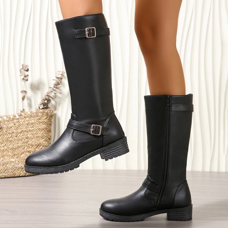 Damen modische Longboots mit eleganter Schnalle und robustem Profilsohle EB