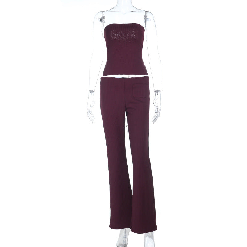 Damen elegantes Set aus trägerlosem Oberteil und flared Hose EB