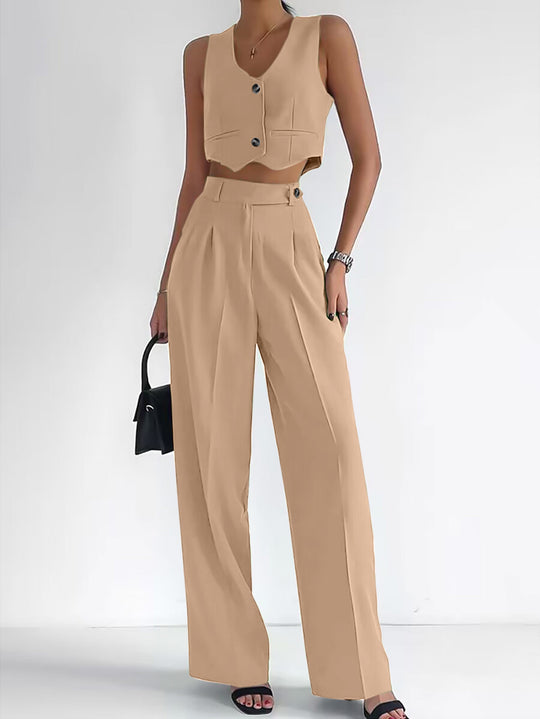 Damen Modisches Zweiteiler-Set aus ärmellosem Cropped Top und weiter Hose EB