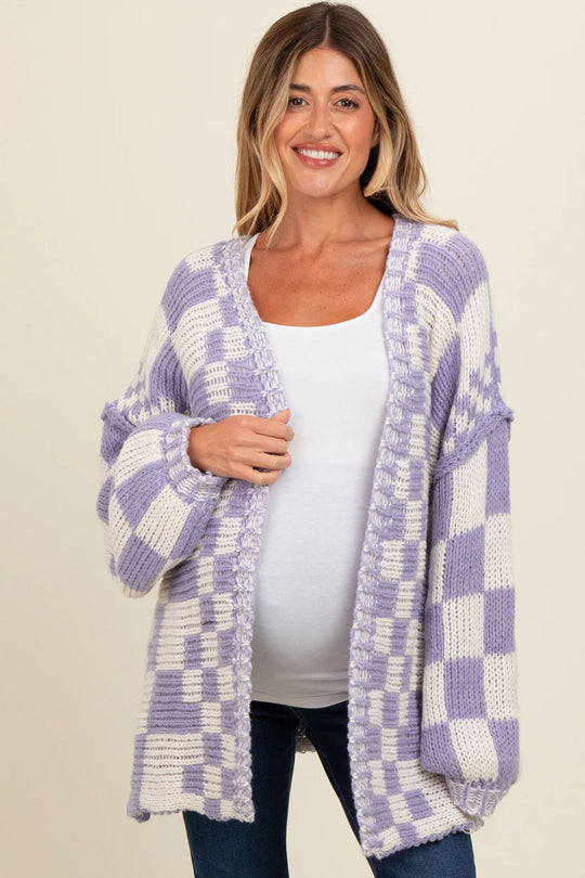 Damen lässiger Strickcardigan mit Karomuster und oversized Schnitt EB