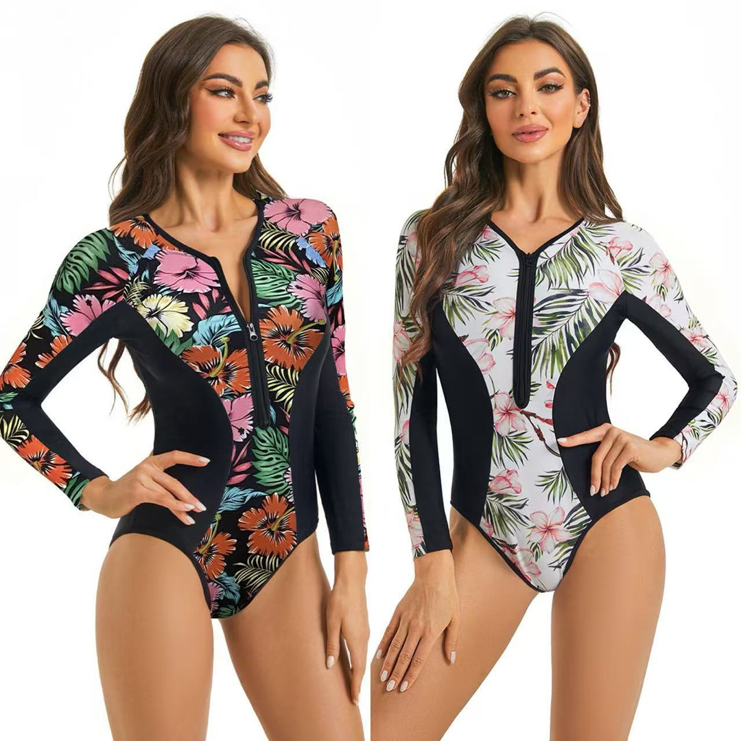 Damen Sportlicher Langarm Badeanzug mit floralem Grafikdesign EB
