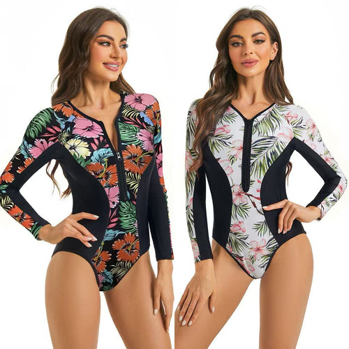 Damen Sportlicher Langarm Badeanzug mit floralem Grafikdesign EB