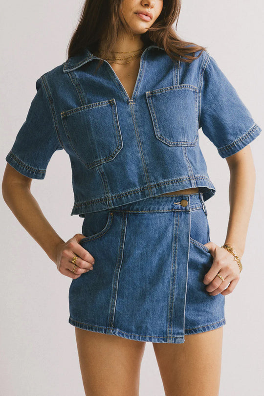 Damen lässiges Denim-Kurzjacken-Set mit passendem Rock EB