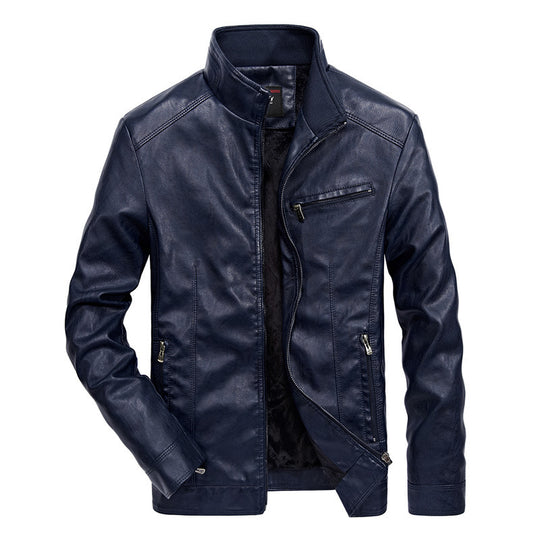 Herren Kunstleder-Bikerjacke mit hohem Stehkragen und Reißverschlussdetails EB