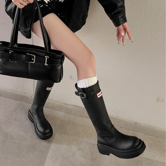 Damen Hohe Stiefel mit modischer Schnalle und komfortablem Plateau EB