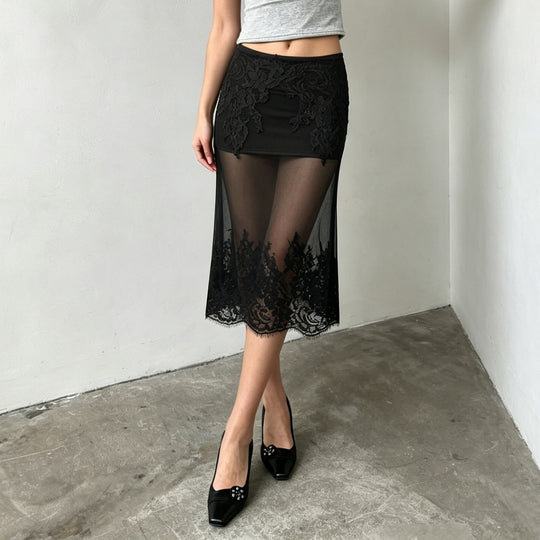 Damen Spitzenrock mit transparentem Unterkleid und verzierten Rüschen EB