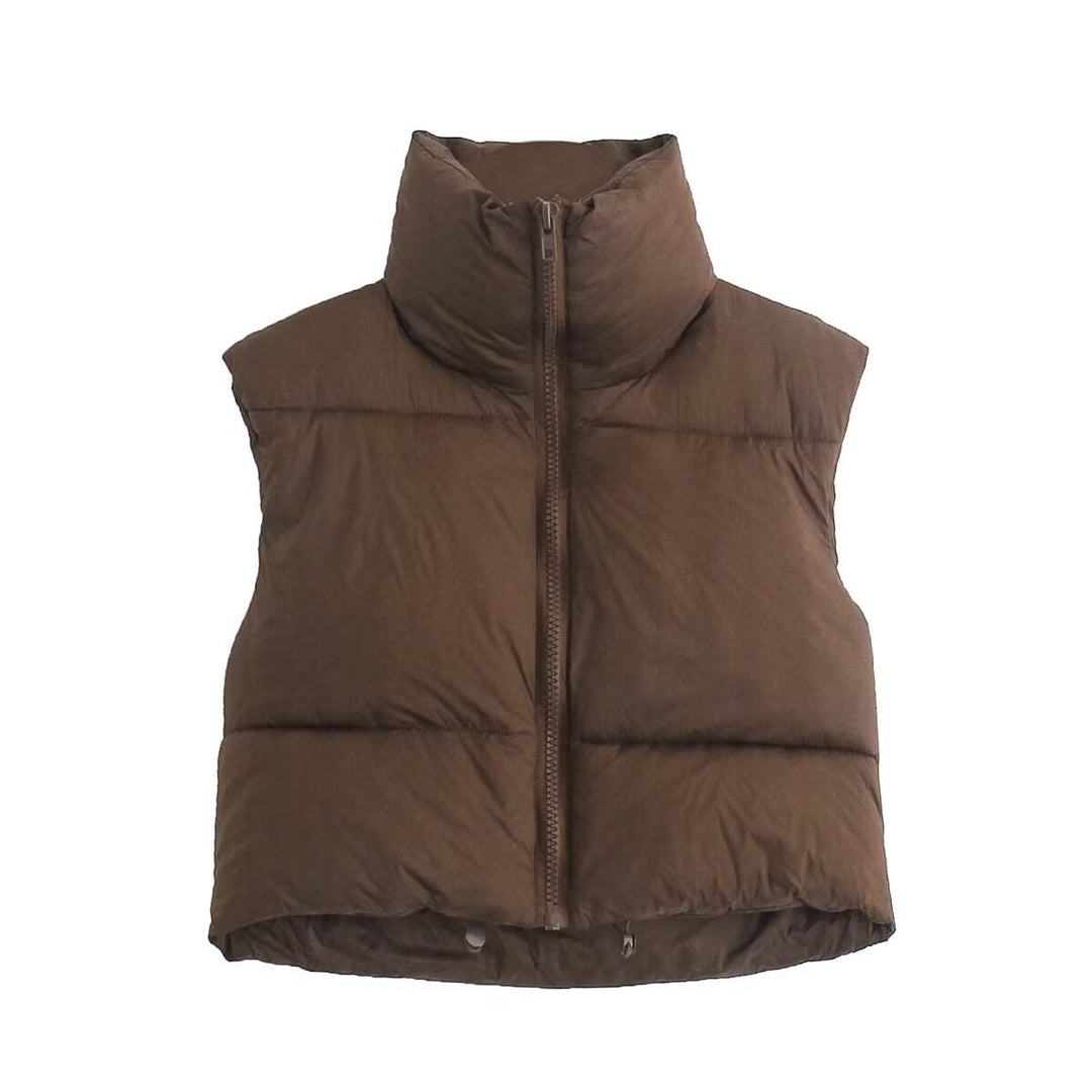 Damen cropped Daunenweste mit hohem Kragen und praktischen Taschen EB
