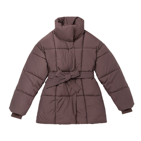 Damen Komfortable und elegante Pufferjacke mit Gürtel und hohem Kragen EB