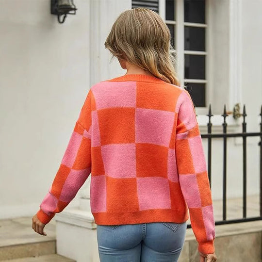 Damen modischer V-Ausschnitt Cardigan mit Karomuster EB