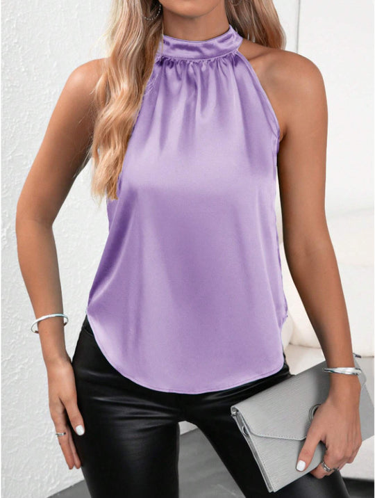 Damen modisches Top mit hohem Kragen und schimmerndem Satin-Finish EB