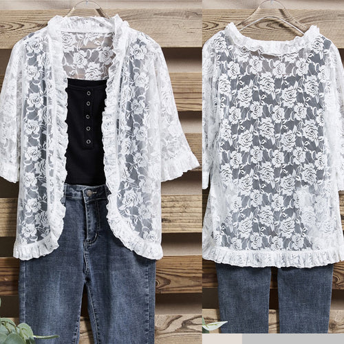 Damen Spitzen-Cardigan mit Rüschendetails EB