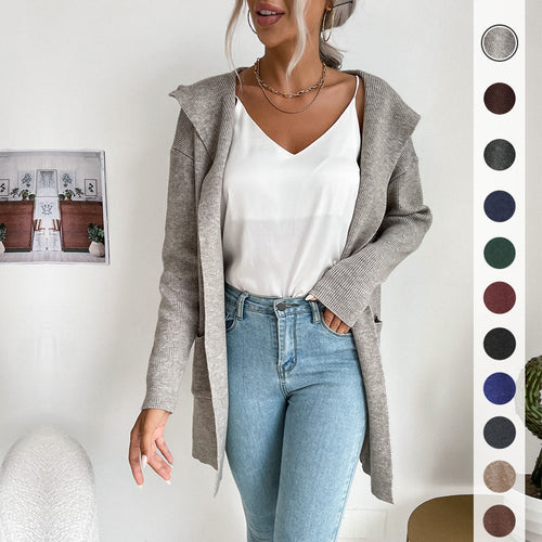 Damen Langärmlige Strickjacke mit Kapuze und seitlichen Taschen EB