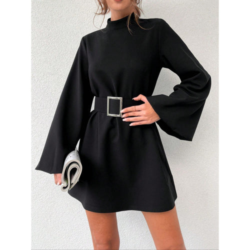 Damen elegante Minikleidung mit Gürtel und langen Ärmeln EB