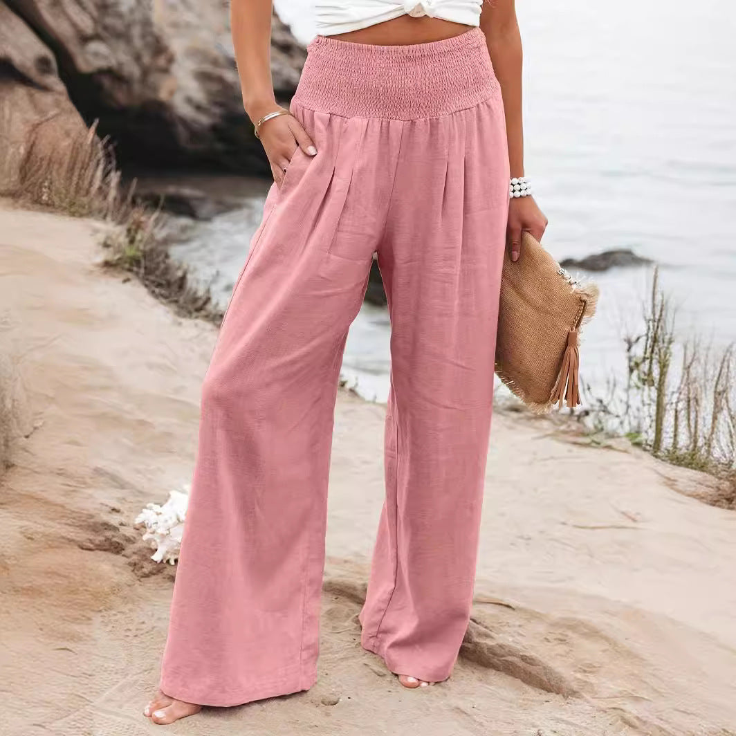 Damen Weite Leinenhose mit elastischem Bund und Falten EB