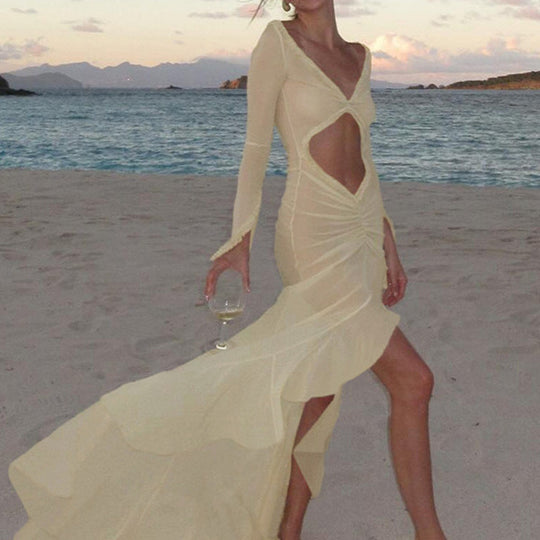 Damen Maxikleid mit raffinierten Rüschen und innovativem Cut-Out-Design EB