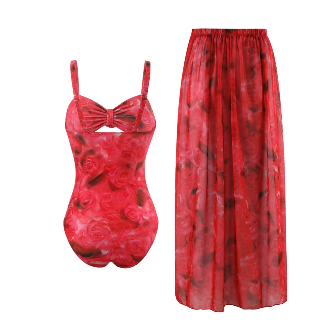 Damen Einteiler Badeanzug mit floralem Design und transparentem Überrock EB