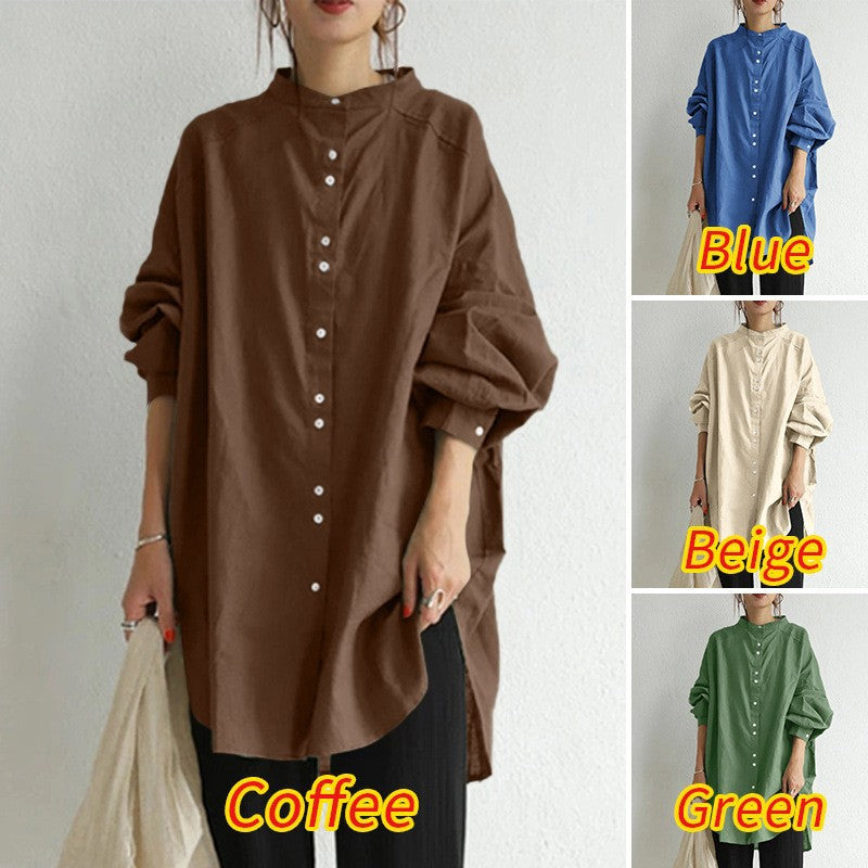 Damen nan lässige Oversize-Tunika-Hemdbluse mit Stehkragen, durchgehender Knopfleiste und seitlichen Schlitzen EB