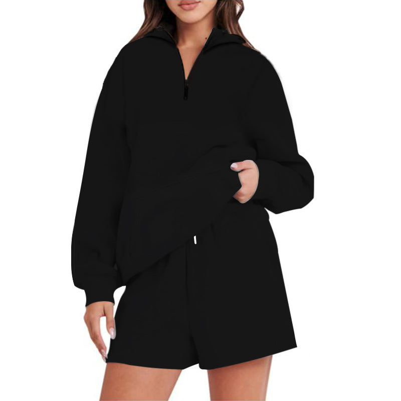 Damen Lässiger Kapuzenpullover mit kurzem Reißverschluss und praktischen Taschen EB