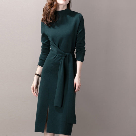 Damen Elegantes Strickkleid mit seitlichem Schlitz und tailliertem Gürtel EB