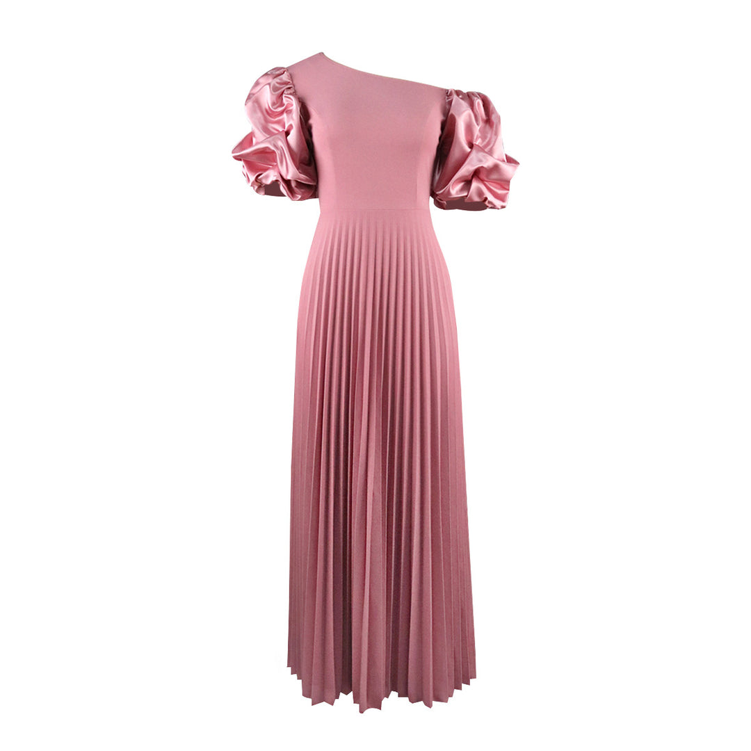 Damen elegantes Maxikleid mit asymmetrischem Schnitt und voluminösen Puffärmeln EB