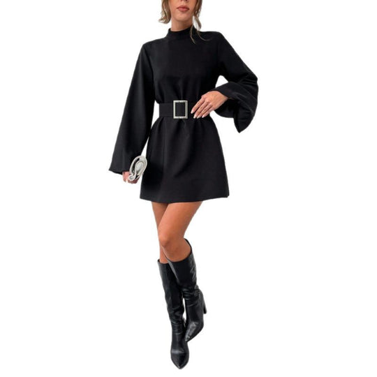 Damen elegante Minikleidung mit Gürtel und langen Ärmeln EB
