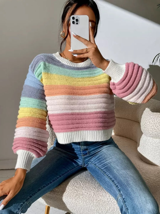 Damen Modischer Strickpullover mit Volumenärmel und Randdetails EB