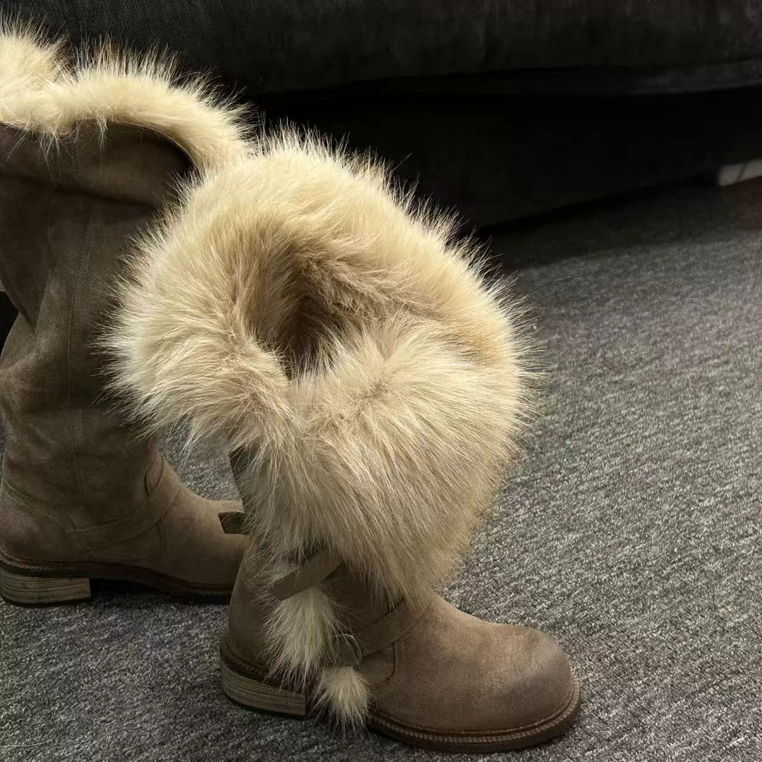 Damen Winterstiefel mit flauschigem Kunstfellkragen und modischen Schnallen EB