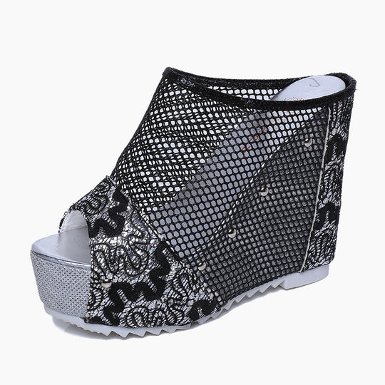 Damen Wedge-Sandalen mit elegantem Netzdesign und funkelnden Applikationen EB