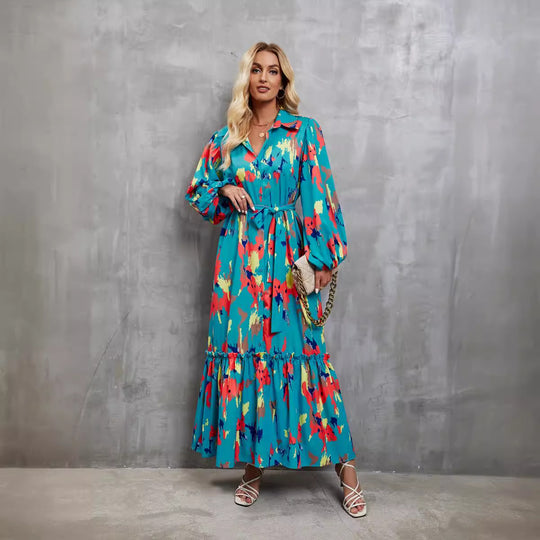Damen Maxikleid mit voluminösen Ärmeln und schickem Bindegürtel EB