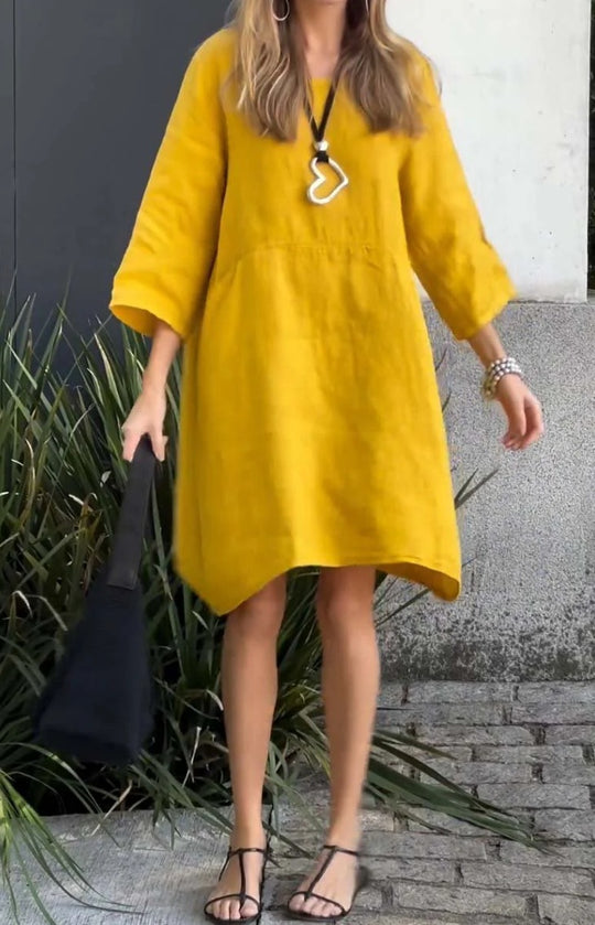 Damen lässiges Leinenkleid mit praktischen Taschen und asymmetrischem Saum EB