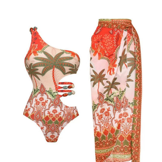 Damen Einteiler Badeanzug mit modischem Cut-Out und passendem Strandrock EB