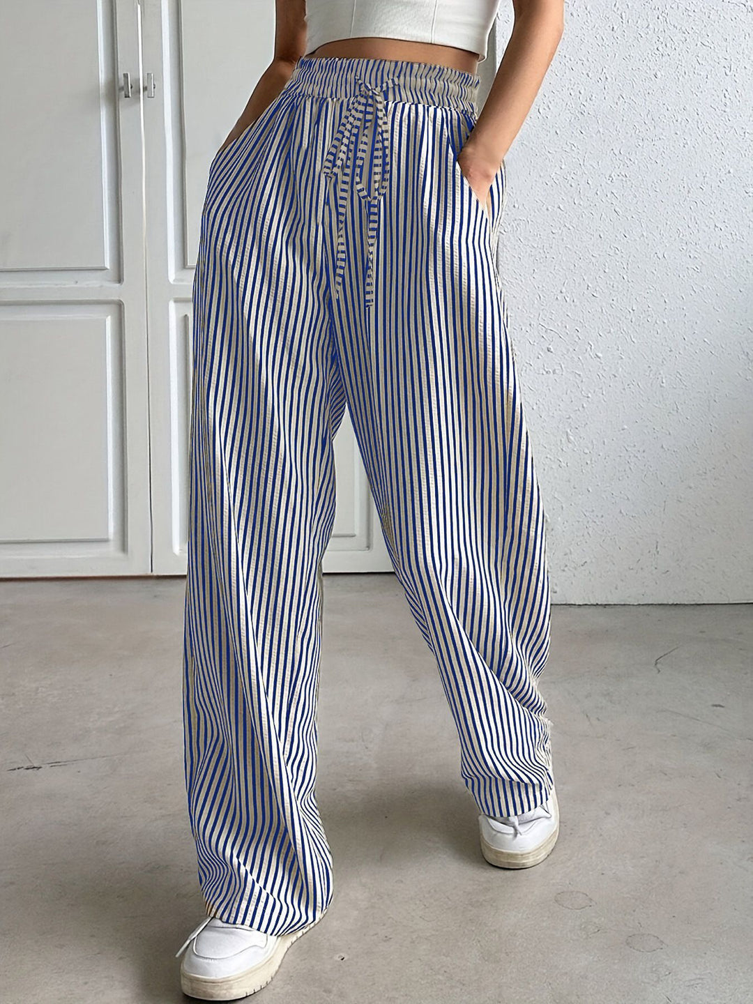 Damen weite Streifenhose mit Gummizug und Seitentaschen EB