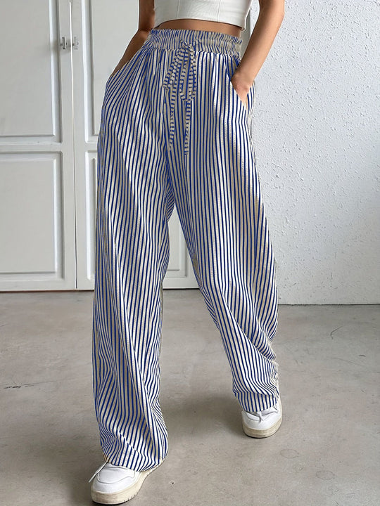 Damen weite Streifenhose mit Gummizug und Seitentaschen EB