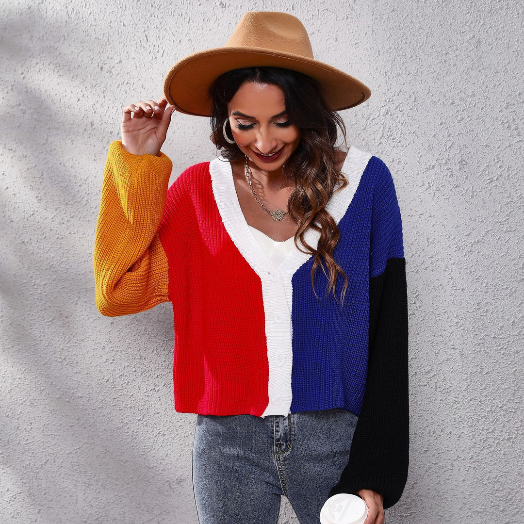 Damen Moderner Strickcardigan mit bunten Blockstreifen und V-Ausschnitt EB