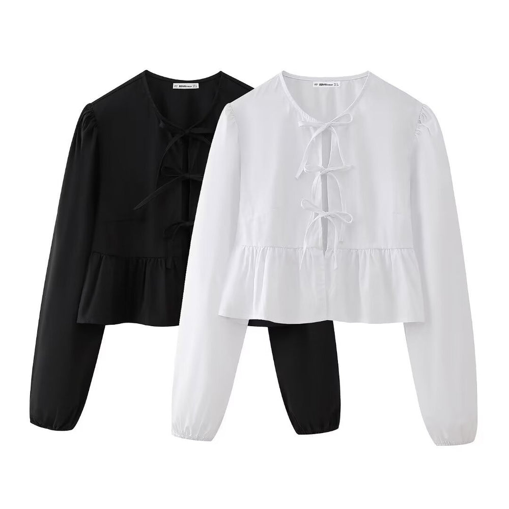 Damen Bluse mit romantischen Rüschendetails und Schleifen EB