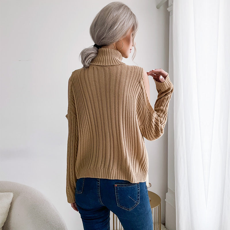 Damen Rollkragenpullover mit Zopfmuster und Schulter-Cutouts EB