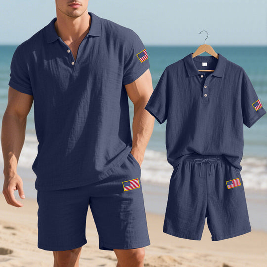 Herren Polo- und Shorts-Set mit gesticktem Länderflaggen-Motiv EB