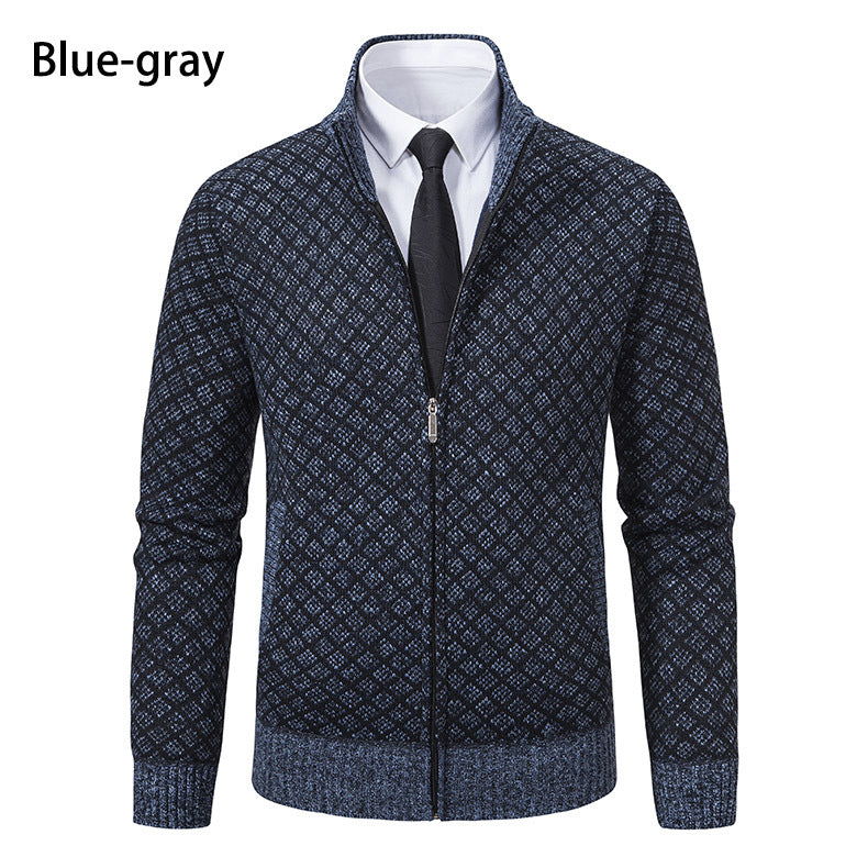 Herren nan gemusterte Strickjacke mit Stehkragen und durchgehendem Reißverschluss EB