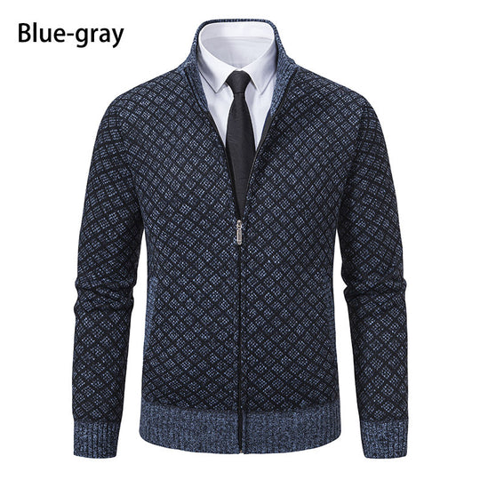 Herren nan gemusterte Strickjacke mit Stehkragen und durchgehendem Reißverschluss EB