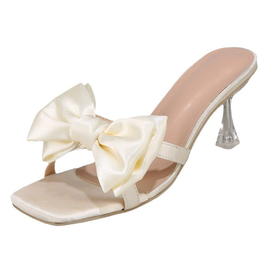 Damen Satin-Mules mit großer Zierschleife und transparentem Stiletto-Absatz EB
