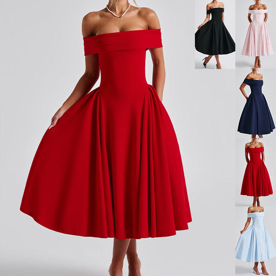 Damen Off-Shoulder Cocktailkleid mit voluminösem Rock und elegantem Trägerdesign EB
