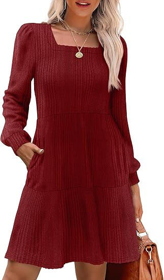 Damen Gestricktes A‑Linien‑Minikleid mit quadratischem Ausschnitt, Stufenrock und Eingrifftaschen EB