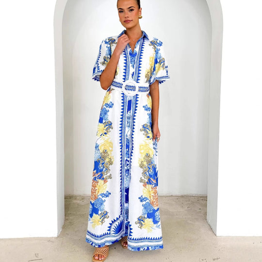 Damen Maxikleid mit floralem Knopfleisten-Design und tailliertem Gürtel EB