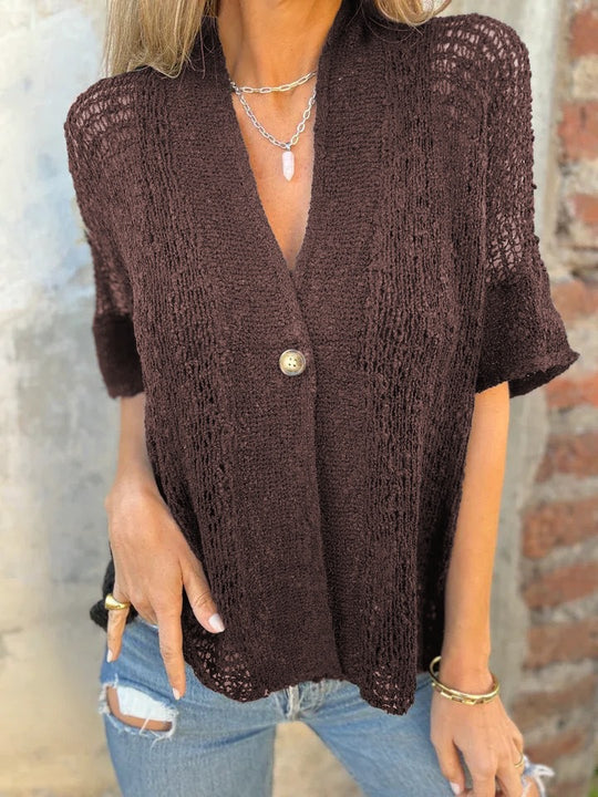 Damen Strickbluse mit leichtem Gewebe und dekorativem Knopf EB