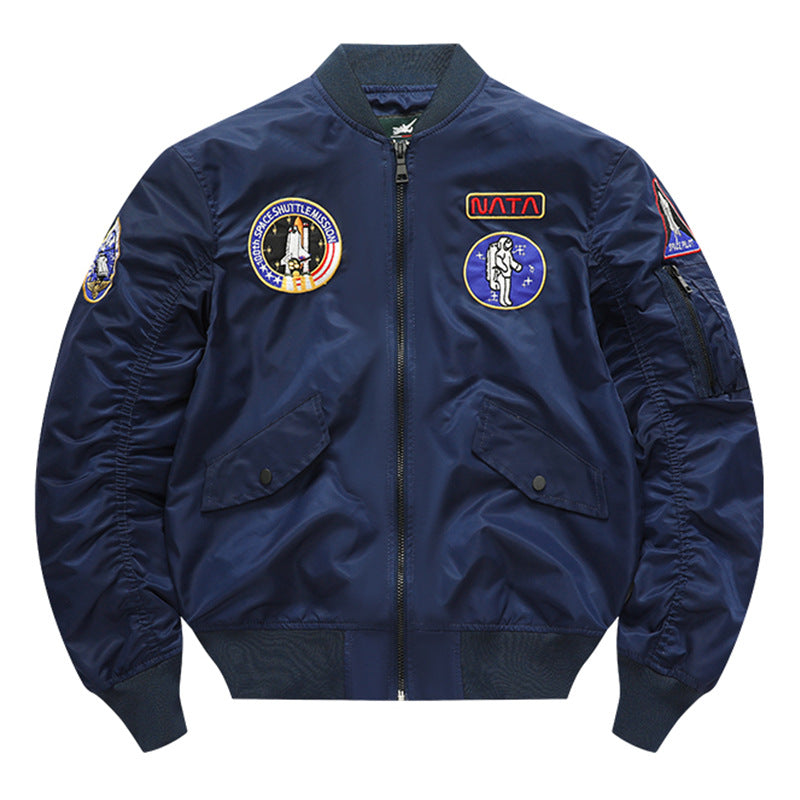 Men's  retro space-mission nylon flight jacket with insulated lining and sleeve zipper pocket EB
