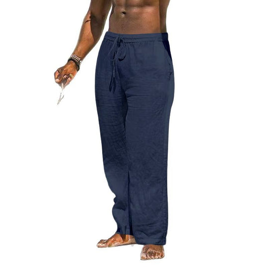 Herren nan entspannte Leinenhose mit elastischem Tunnelzug, geradem Bein und seitlichen Eingrifftaschen EB