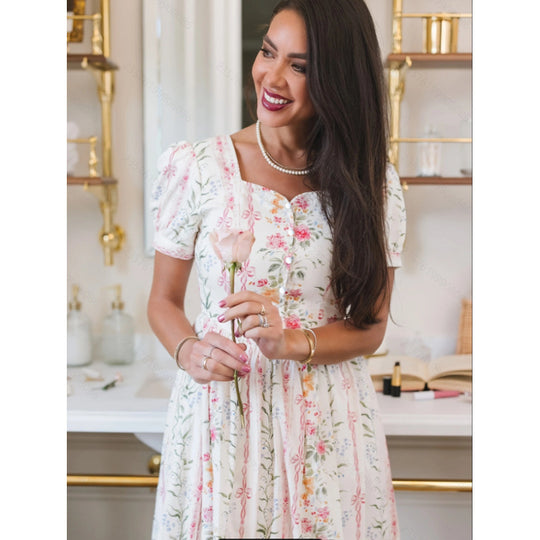 Damen Maxikleid mit floralem Design und langen Puffärmeln EB