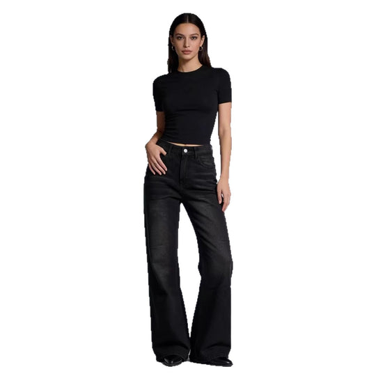 Damen nan hochgeschnittene Stretch-Flared-Jeans mit ausgefranstem Saum und taillierendem Five‑Pocket-Schnitt EB