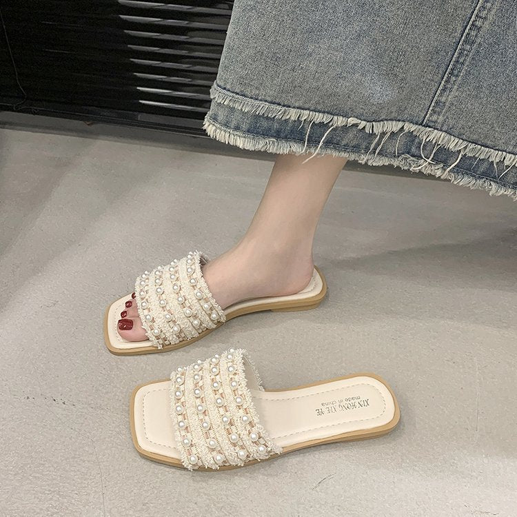 Damen elegante flache Pantoletten mit zierlichen Perlenakzenten EB