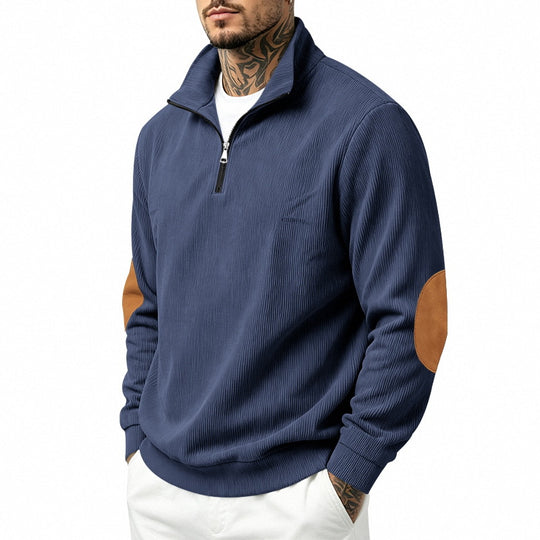 Herren nan Halbzip-Sweatshirt mit Stehkragen, feiner Waffelstruktur und Lederoptik-Ellenbogenpatchs EB